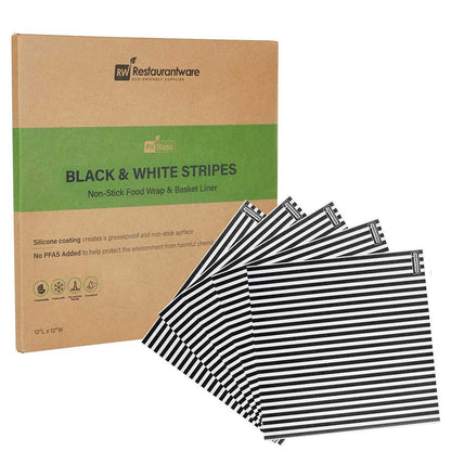 Chef 101 No PFAS Added Black and White Stripe Paper Bakery Wrap and Basket Liner - Greaseproof - 12" x 12" - 200 count box