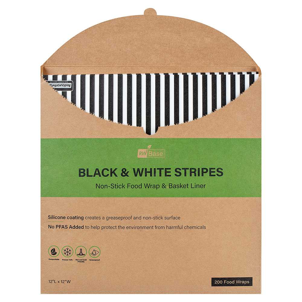 Chef 101 No PFAS Added Black and White Stripe Paper Bakery Wrap and Basket Liner - Greaseproof - 12" x 12" - 200 count box