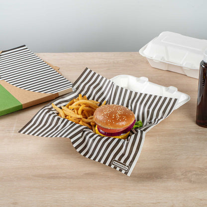 Chef 101 No PFAS Added Black and White Stripe Paper Bakery Wrap and Basket Liner - Greaseproof - 12" x 12" - 2000 count box