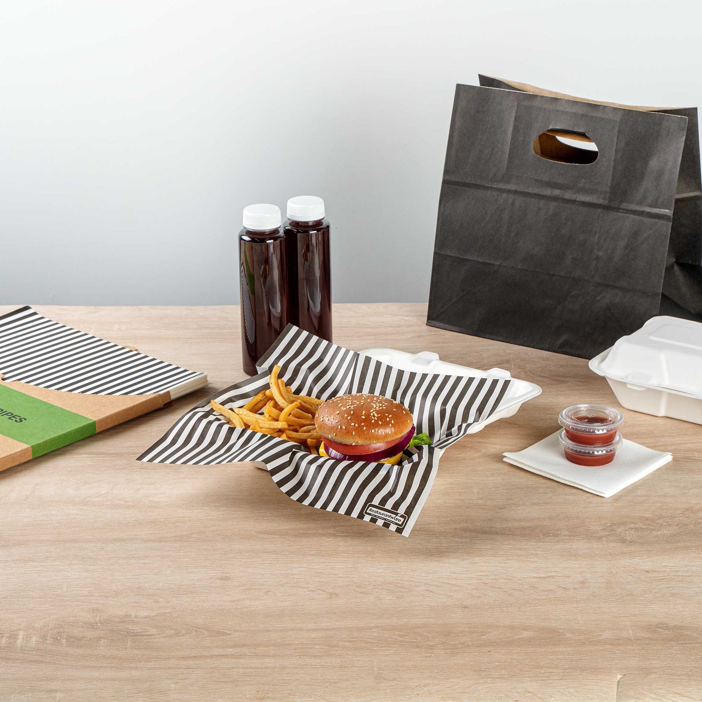 Chef 101 No PFAS Added Black and White Stripe Paper Bakery Wrap and Basket Liner - Greaseproof - 12" x 12" - 2000 count box