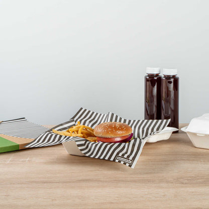 Chef 101 No PFAS Added Black and White Stripe Paper Bakery Wrap and Basket Liner - Greaseproof - 12" x 12" - 2000 count box