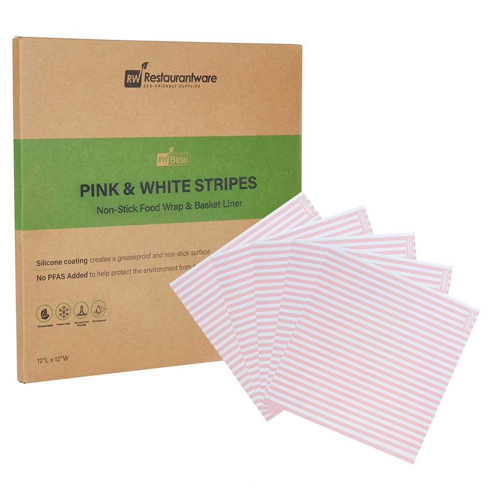 Chef 101 No PFAS Added Pink and White Stripe Paper Bakery Wrap and Basket Liner - Greaseproof - 12" x 12" - 200 count box