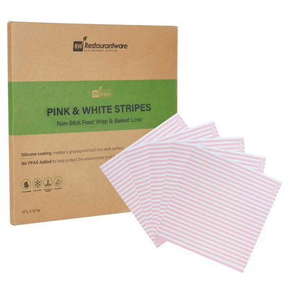 Chef 101 No PFAS Added Pink and White Stripe Paper Bakery Wrap and Basket Liner - Greaseproof - 12" x 12" - 200 count box