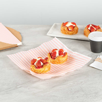 Chef 101 No PFAS Added Pink and White Stripe Paper Bakery Wrap and Basket Liner - Greaseproof - 12" x 12" - 200 count box