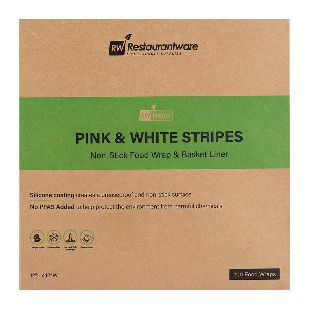 Chef 101 No PFAS Added Pink and White Stripe Paper Bakery Wrap and Basket Liner - Greaseproof - 12" x 12" - 200 count box