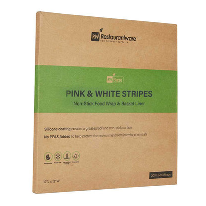 Chef 101 No PFAS Added Pink and White Stripe Paper Bakery Wrap and Basket Liner - Greaseproof - 12" x 12" - 200 count box