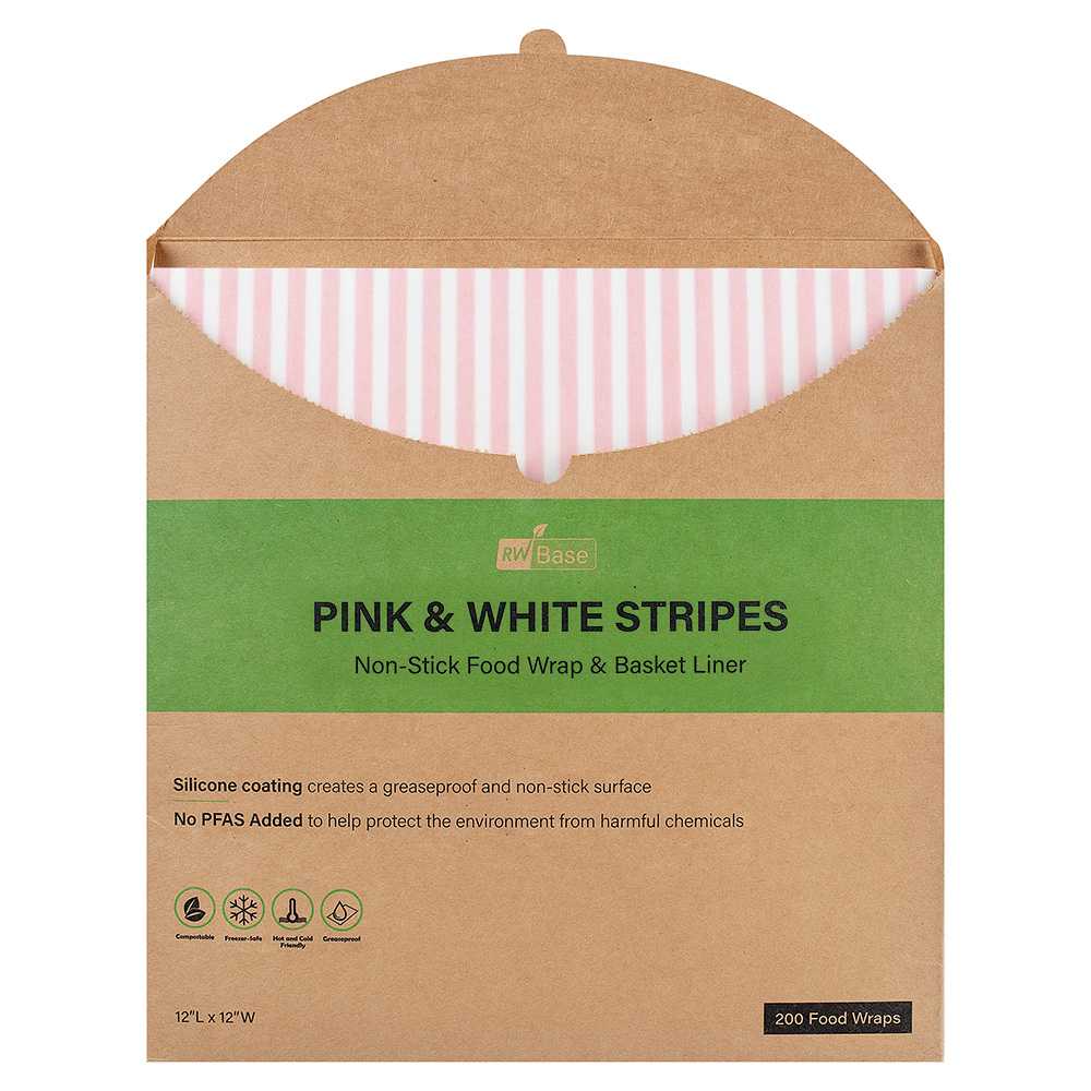 Chef 101 No PFAS Added Pink and White Stripe Paper Bakery Wrap and Basket Liner - Greaseproof - 12" x 12" - 200 count box
