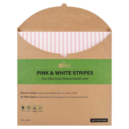 Chef 101 No PFAS Added Pink and White Stripe Paper Bakery Wrap and Basket Liner - Greaseproof - 12" x 12" - 200 count box