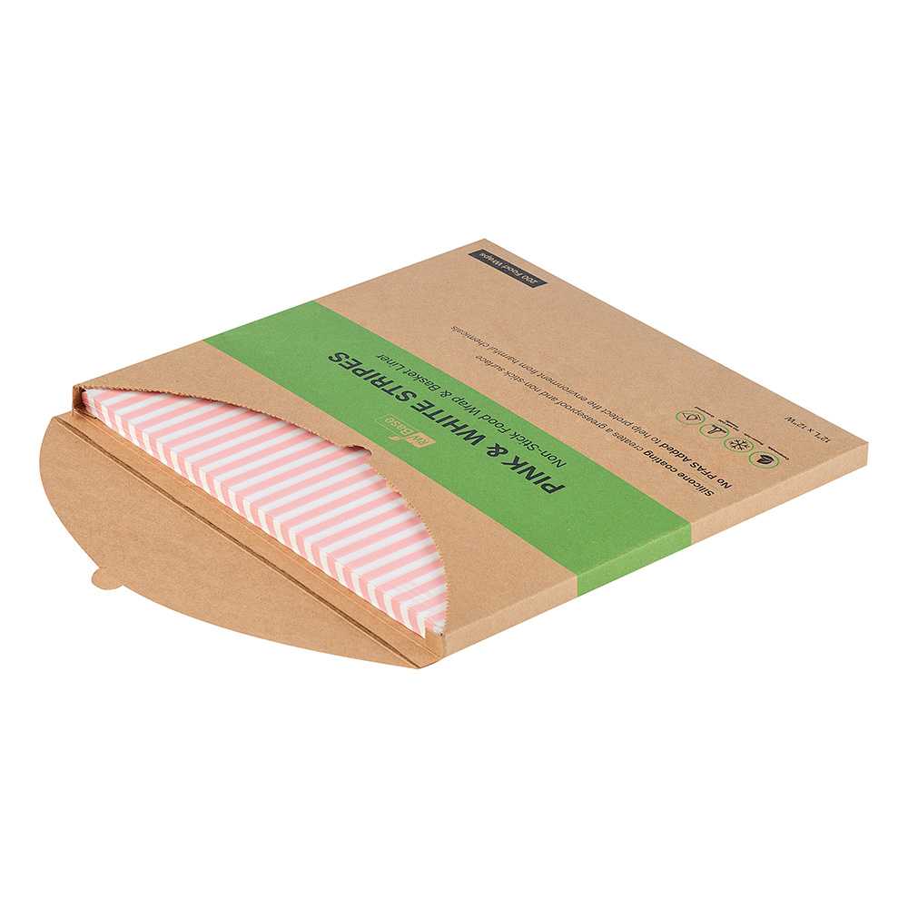 Chef 101 No PFAS Added Pink and White Stripe Paper Bakery Wrap and Basket Liner - Greaseproof - 12" x 12" - 200 count box