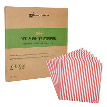 Chef 101 No PFAS Added Red and White Stripe Paper Bakery Wrap and Basket Liner - Greaseproof - 12" x 12" - 200 count box