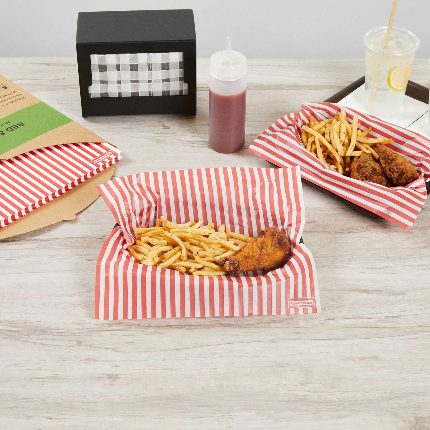 Chef 101 No PFAS Added Red and White Stripe Paper Bakery Wrap and Basket Liner - Greaseproof - 12" x 12" - 200 count box