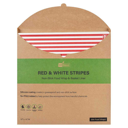 Chef 101 No PFAS Added Red and White Stripe Paper Bakery Wrap and Basket Liner - Greaseproof - 12" x 12" - 200 count box