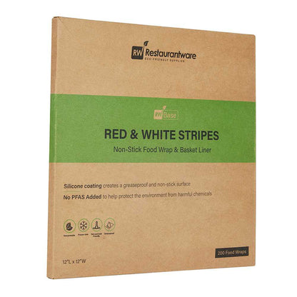 Chef 101 No PFAS Added Red and White Stripe Paper Bakery Wrap and Basket Liner - Greaseproof - 12" x 12" - 200 count box