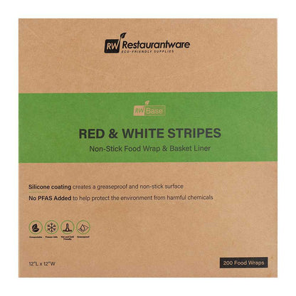 Chef 101 No PFAS Added Red and White Stripe Paper Bakery Wrap and Basket Liner - Greaseproof - 12" x 12" - 2000 count box