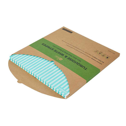 Chef 101 No PFAS Added Turquoise and White Stripe Paper Bakery Wrap and Basket Liner - Greaseproof - 12" x 12" - 200 count box