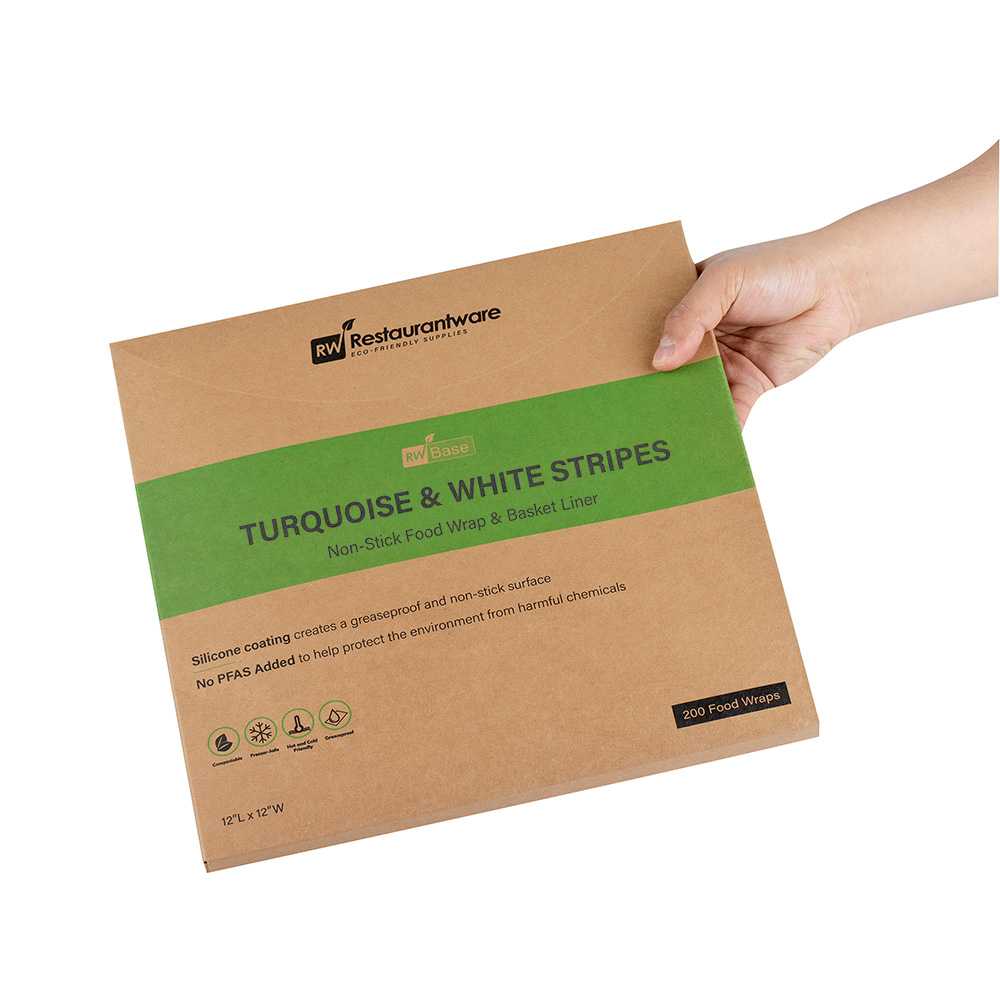 Chef 101 No PFAS Added Turquoise and White Stripe Paper Bakery Wrap and Basket Liner - Greaseproof - 12" x 12" - 200 count box