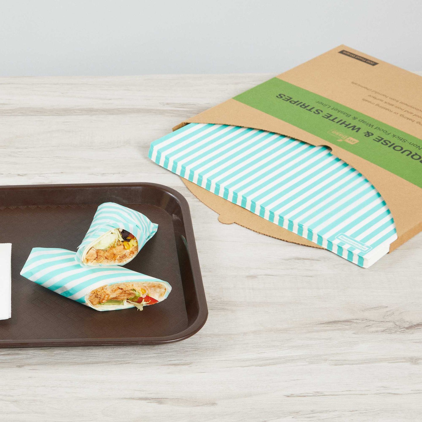 Chef 101 No PFAS Added Turquoise and White Stripe Paper Bakery Wrap and Basket Liner - Greaseproof - 12" x 12" - 2000 count box
