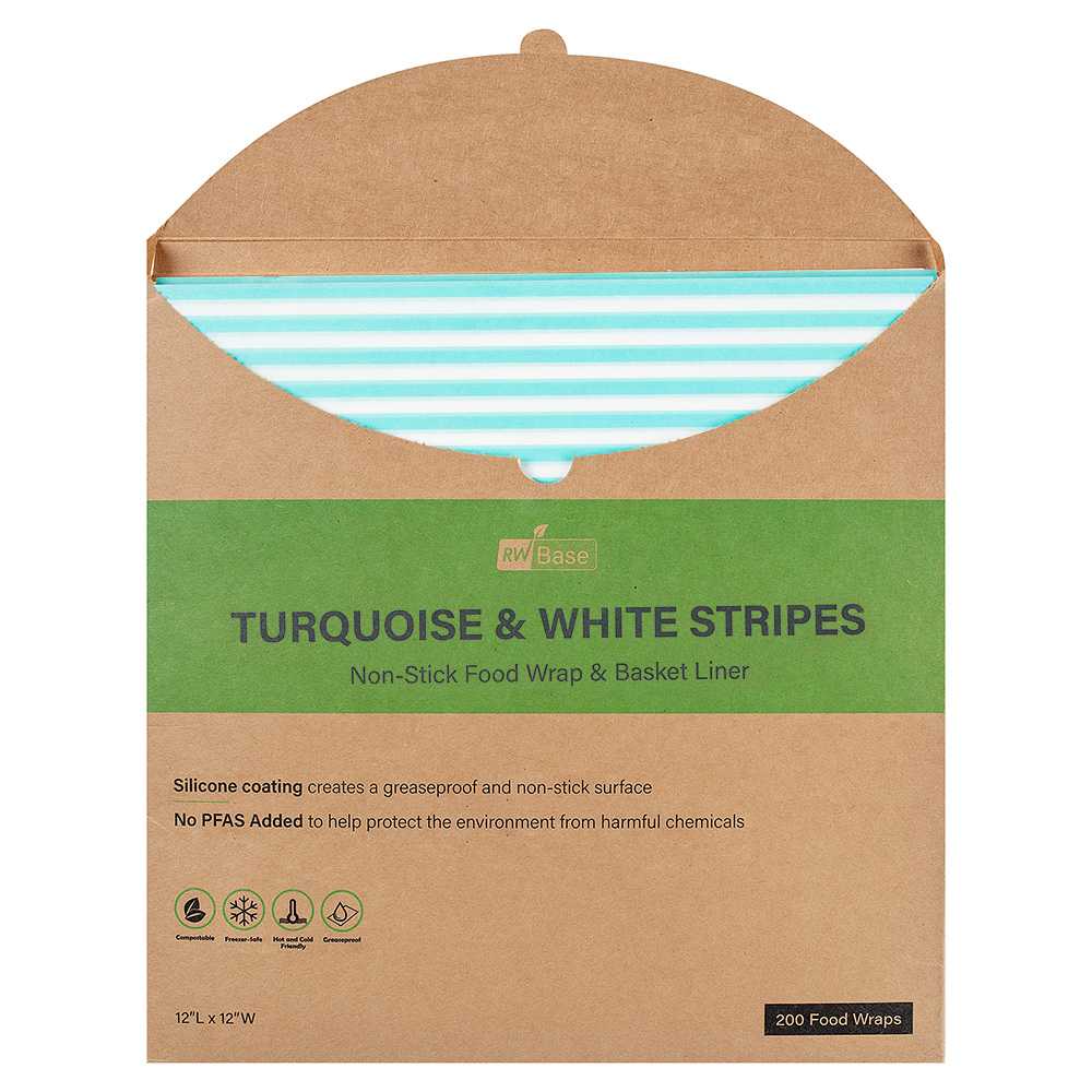Chef 101 No PFAS Added Turquoise and White Stripe Paper Bakery Wrap and Basket Liner - Greaseproof - 12" x 12" - 2000 count box
