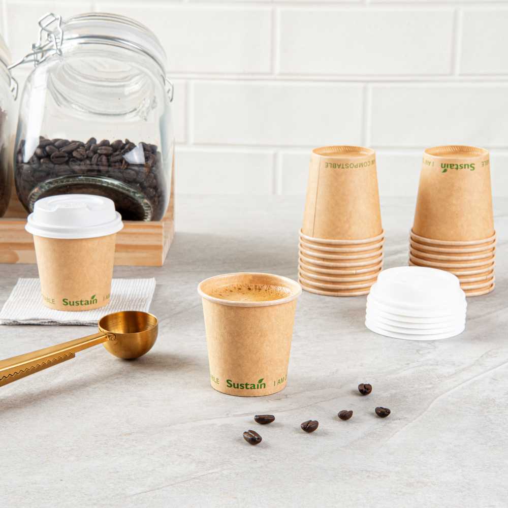 Sustain 4 oz Kraft Paper Coffee Cup - PLA Lining, Compostable, Single Wall - 2 1/2" x 2 1/2" x 2 1/4" - 50 count box
