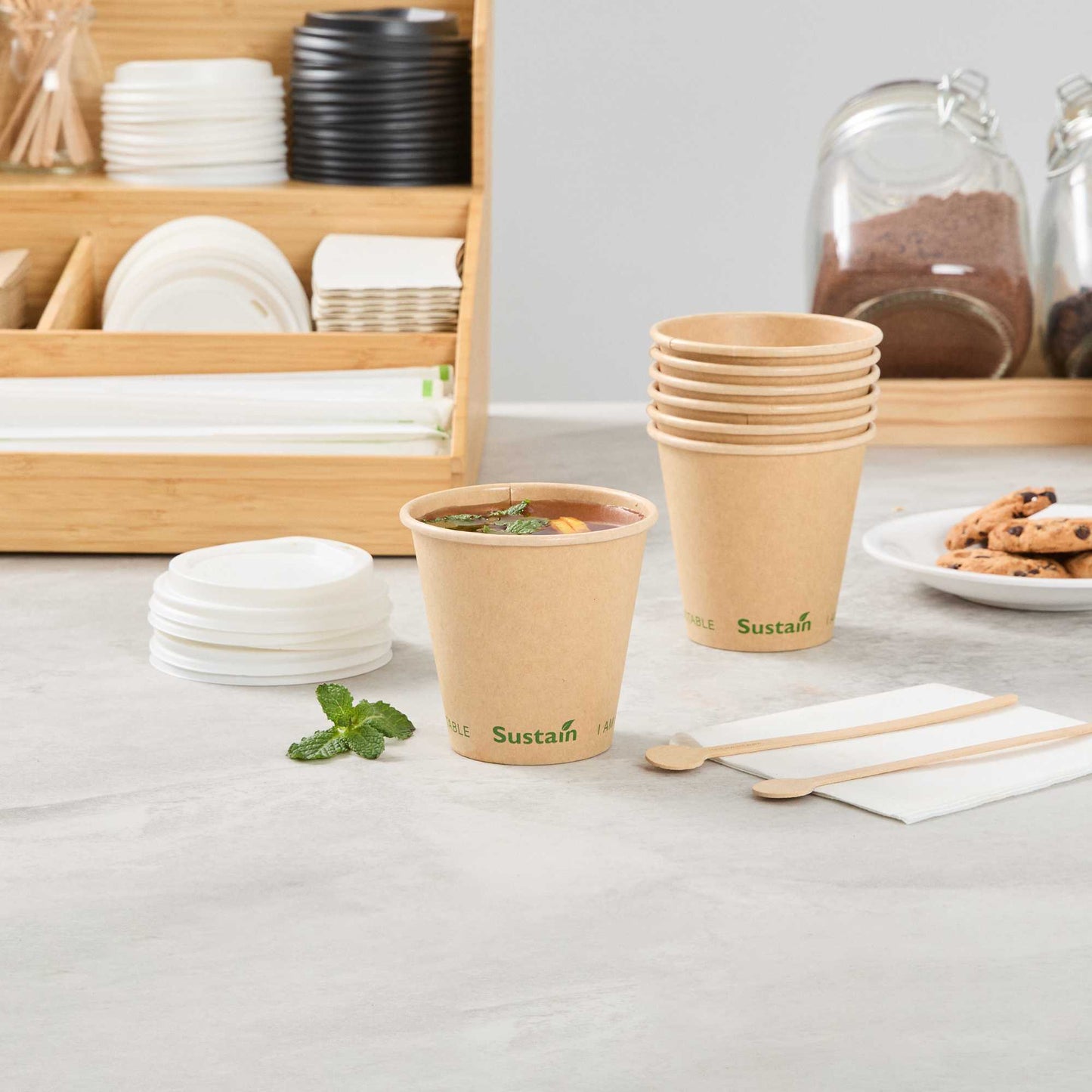 Sustain 8 oz Kraft Paper Coffee Cup - PLA Lining, Compostable, Single Wall - 3 1/2" x 3 1/2" x 3 1/4" - 1000 count box