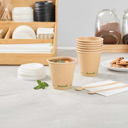 Sustain 8 oz Kraft Paper Coffee Cup - PLA Lining, Compostable, Single Wall - 3 1/2" x 3 1/2" x 3 1/4" - 1000 count box