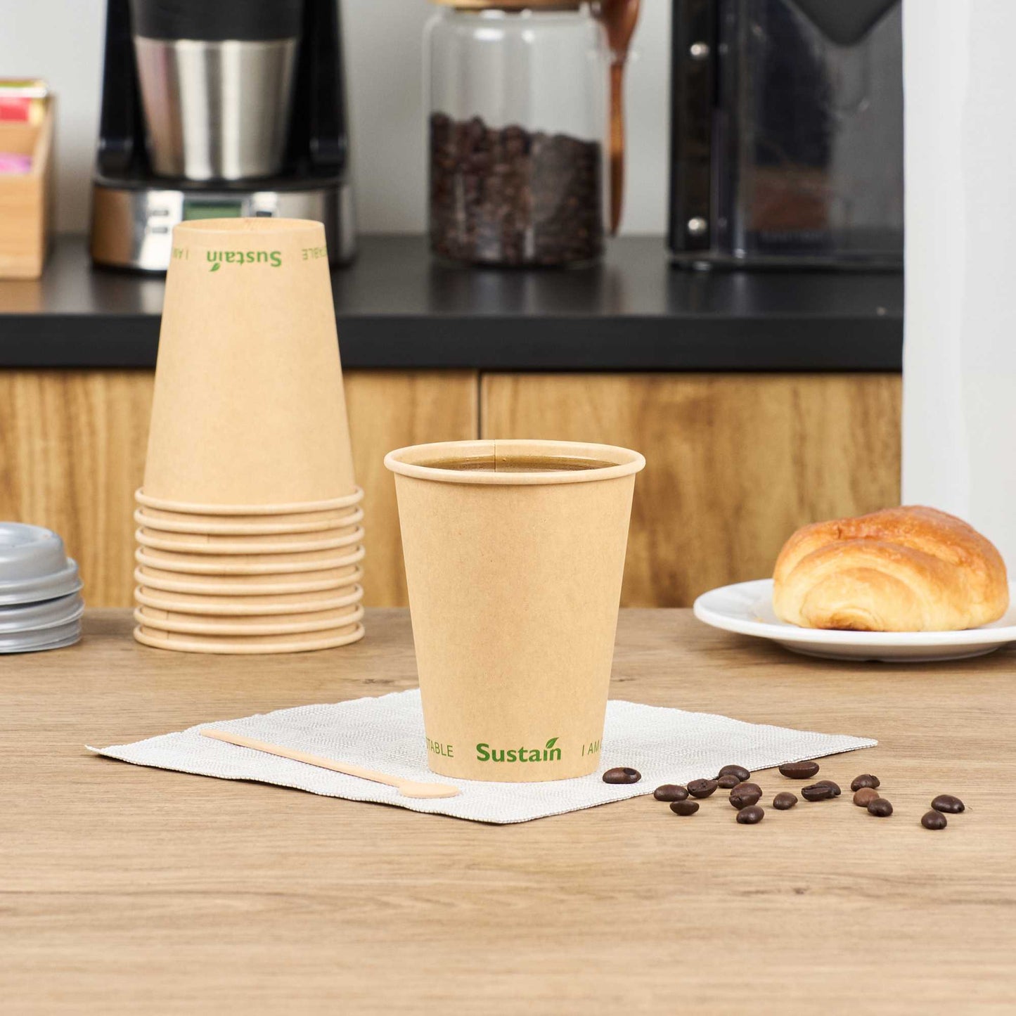Sustain 12 oz Kraft Paper Coffee Cup - PLA Lining, Compostable, Single Wall - 3 1/2" x 3 1/2" x 4 1/4" - 1000 count box