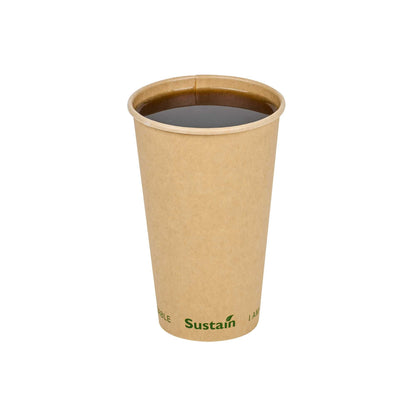 Sustain 16 oz Kraft Paper Coffee Cup - PLA Lining, Compostable, Single Wall - 3 1/2" x 3 1/2" x 5 1/2" - 1000 count box