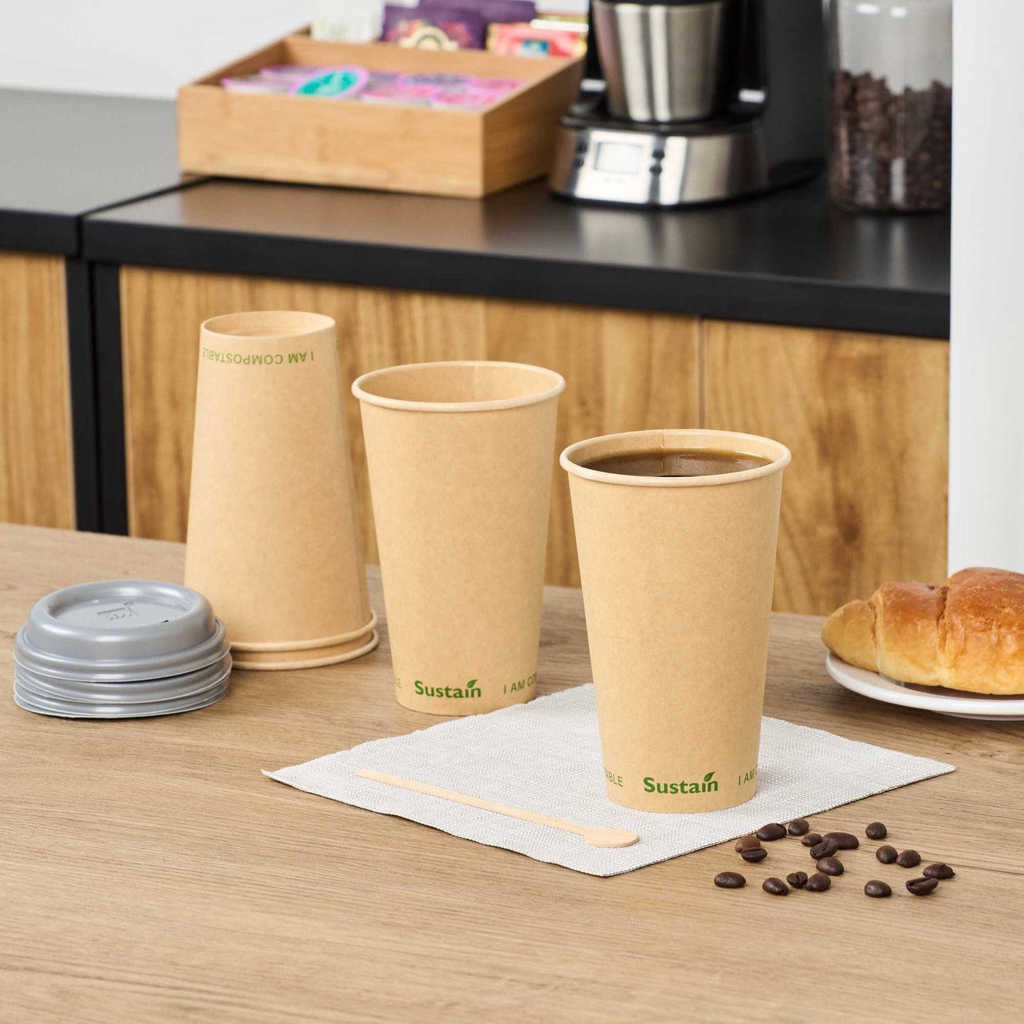 Sustain 16 oz Kraft Paper Coffee Cup - PLA Lining, Compostable, Single Wall - 3 1/2" x 3 1/2" x 5 1/2" - 50 count box