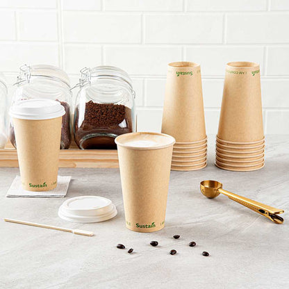 Sustain 16 oz Kraft Paper Coffee Cup - PLA Lining, Compostable, Single Wall - 3 1/2" x 3 1/2" x 5 1/2" - 1000 count box