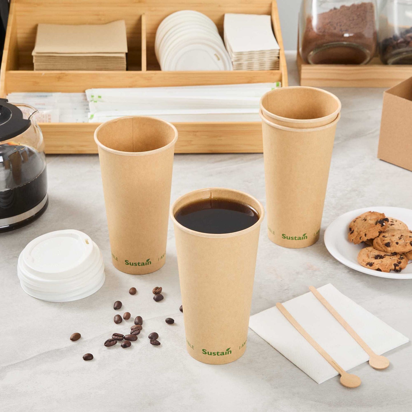 Sustain 20 oz Kraft Paper Coffee Cup - PLA Lining, Compostable, Single Wall - 3 1/2" x 3 1/2" x 6 1/4" - 1000 count box