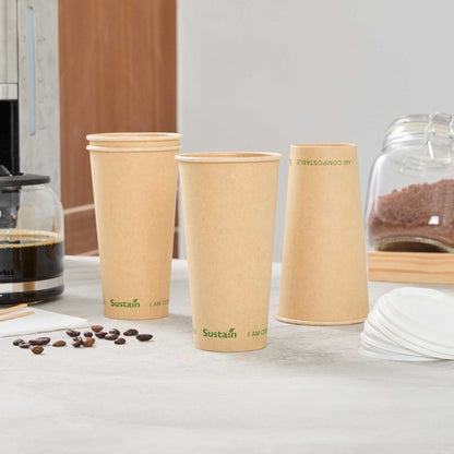 Sustain 20 oz Kraft Paper Coffee Cup - PLA Lining, Compostable, Single Wall - 3 1/2" x 3 1/2" x 6 1/4" - 1000 count box