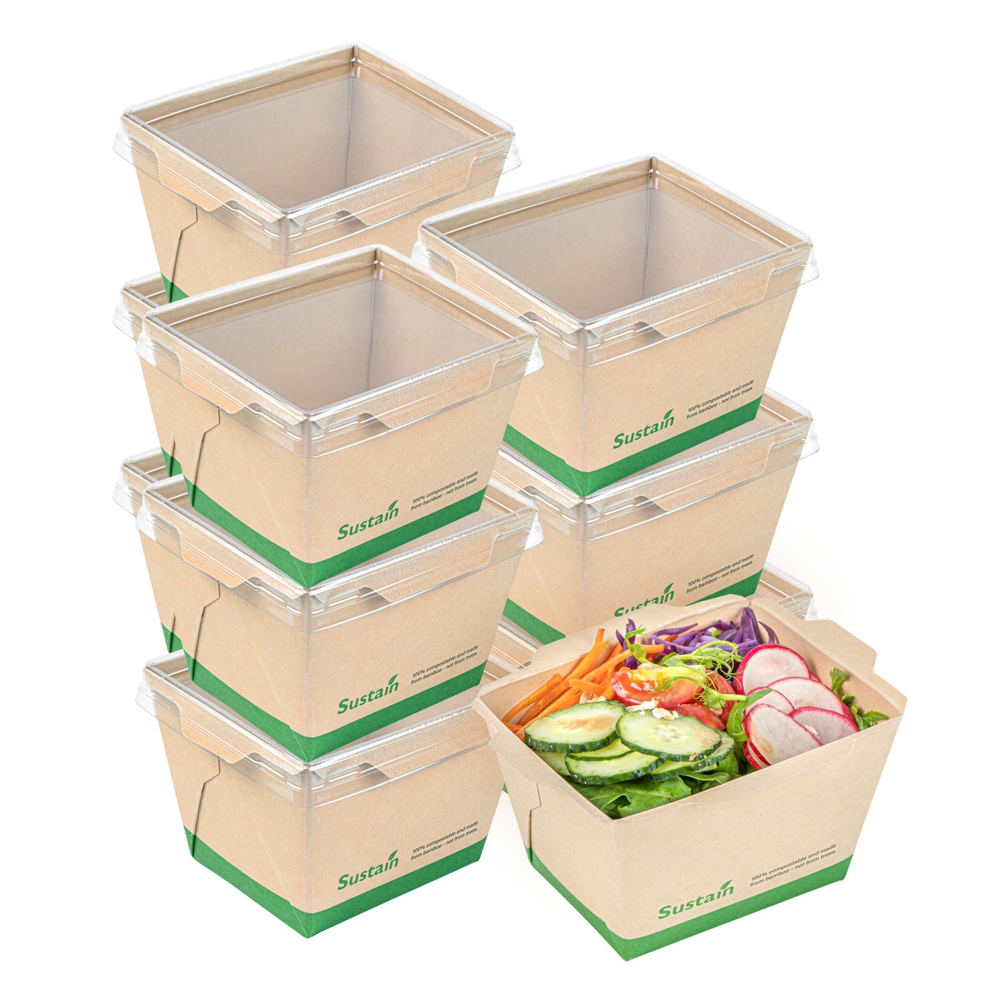 Sustain 17 oz Bamboo Paper Small Click Lock Container - with PLA Lining, Compostable - 4 1/4" x 3 1/4" x 2 3/4" - 50 count box