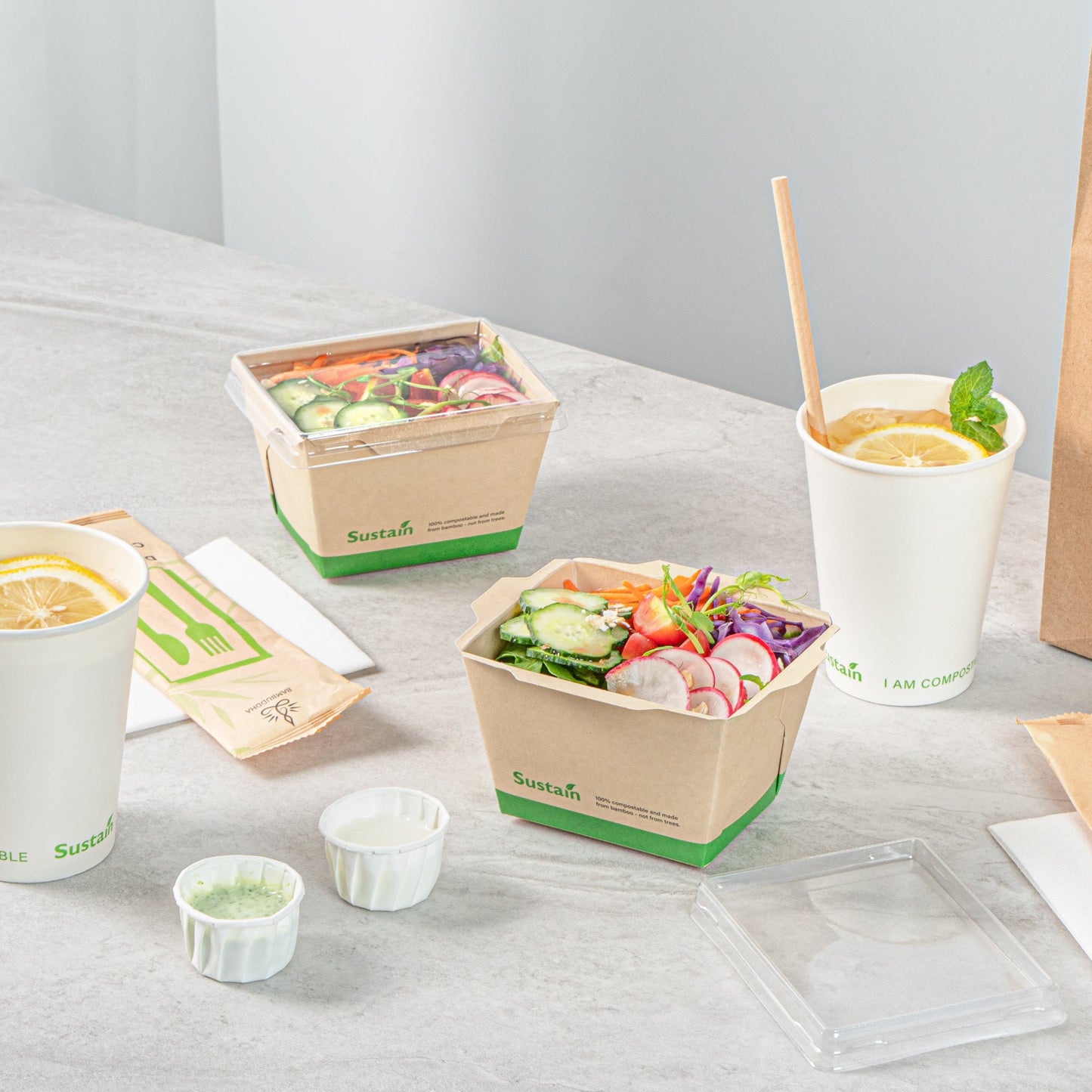 Sustain 17 oz Bamboo Paper Small Click Lock Container - with PLA Lining, Compostable - 4 1/4" x 3 1/4" x 2 3/4" - 200 count box