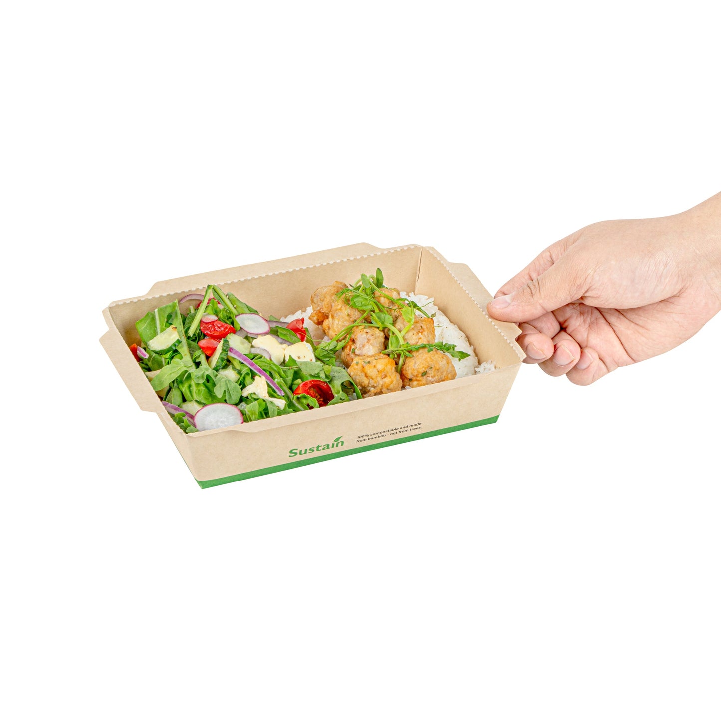 Sustain 34 oz Bamboo Paper Medium Click Lock Container - with PLA Lining, Compostable - 7 1/2" x 5 1/2" x 1 3/4" - 200 count box