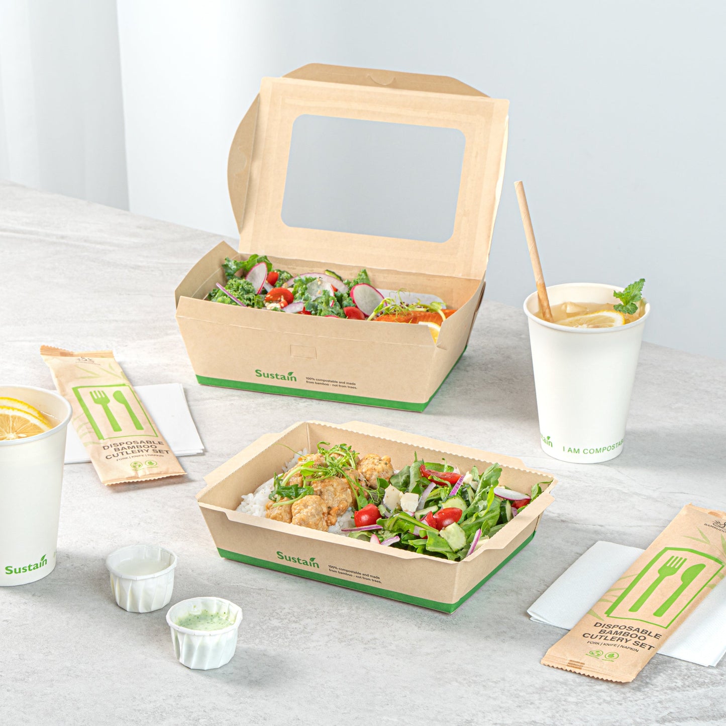 Sustain 34 oz Bamboo Paper Medium Click Lock Container - with PLA Lining, Compostable - 7 1/2" x 5 1/2" x 1 3/4" - 200 count box