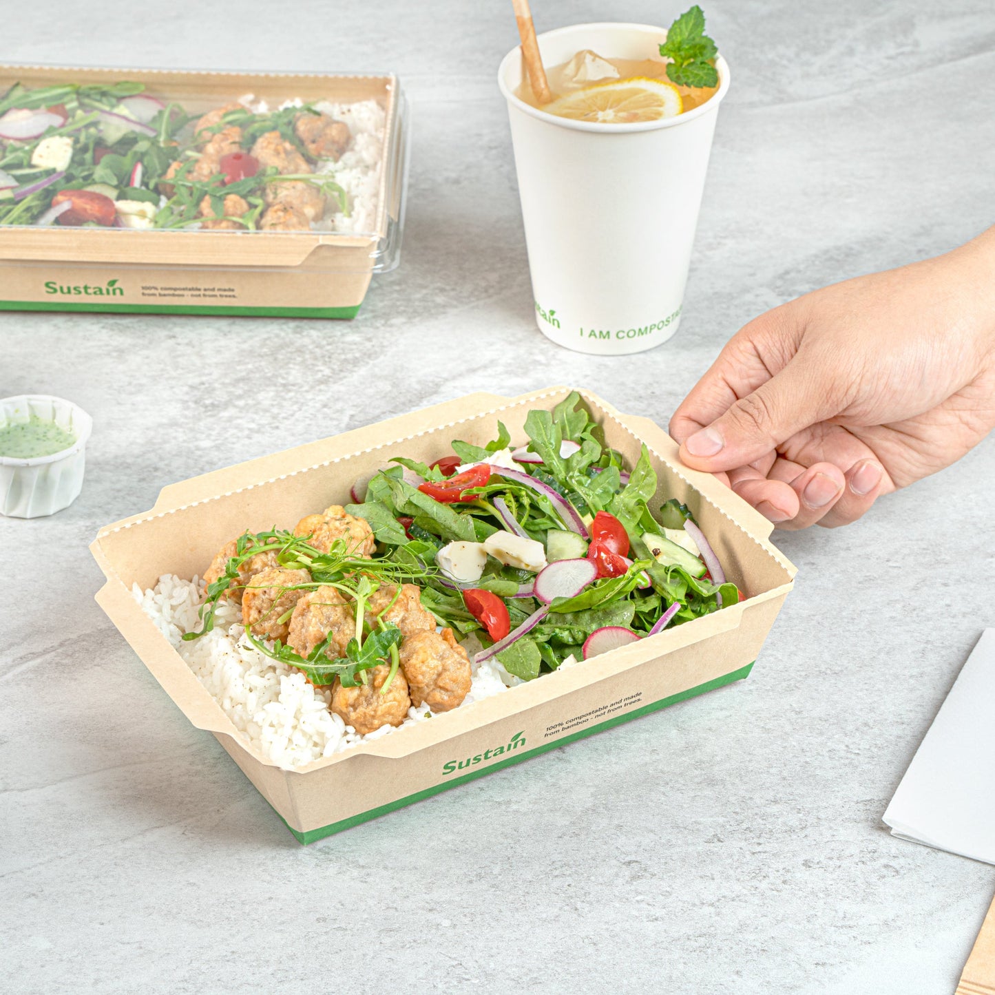 Sustain 34 oz Bamboo Paper Medium Click Lock Container - with PLA Lining, Compostable - 7 1/2" x 5 1/2" x 1 3/4" - 200 count box