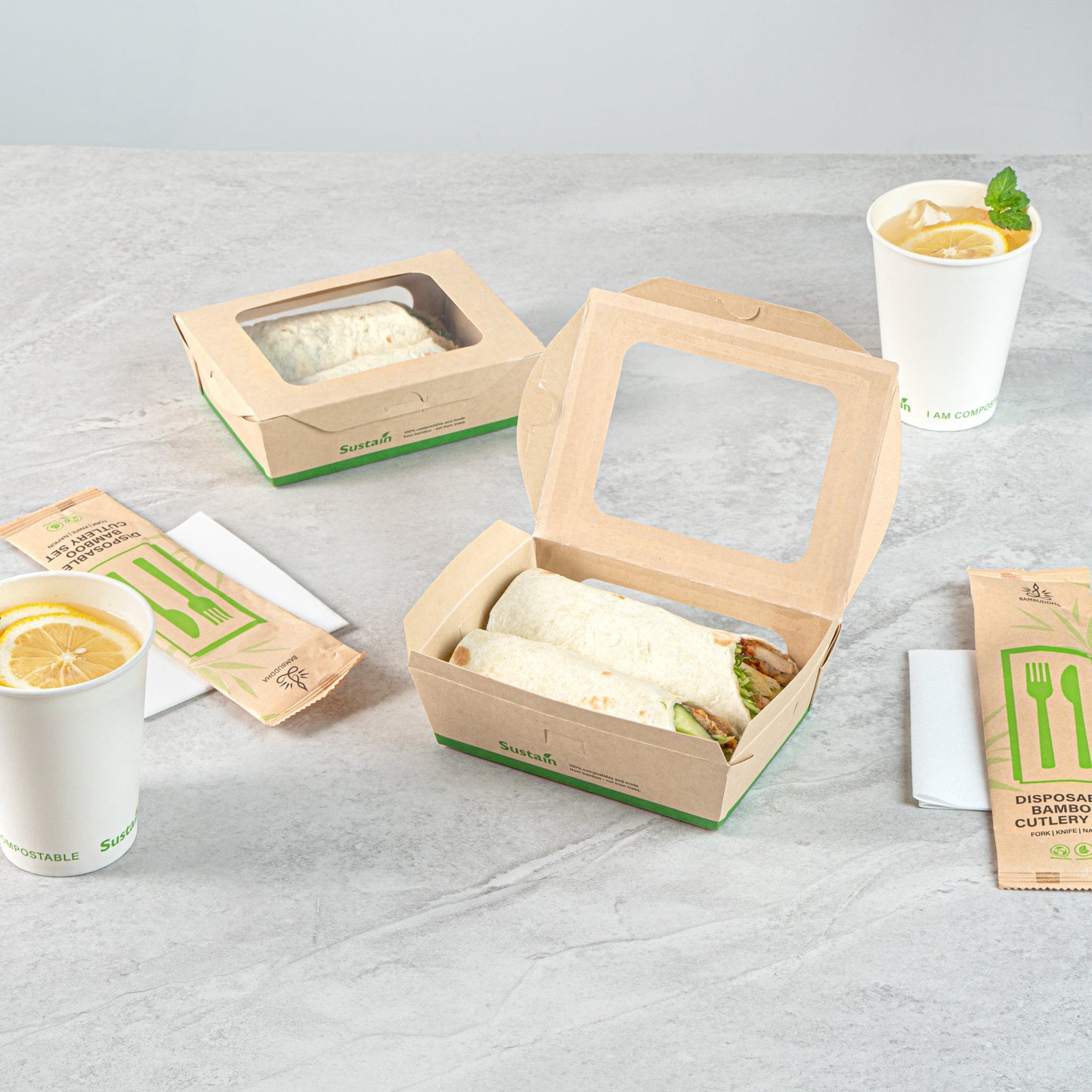 Sustain 28 oz Bamboo Paper Small Bio Take Out Container - with PLA Lining and Windows, Compostable - 6 1/4" x 4 3/4" x 2" - 200 count box