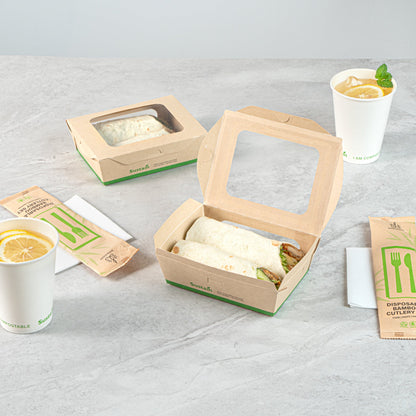 Sustain 28 oz Bamboo Paper Small Bio Take Out Container - with PLA Lining and Windows, Compostable - 6 1/4" x 4 3/4" x 2" - 50 count box