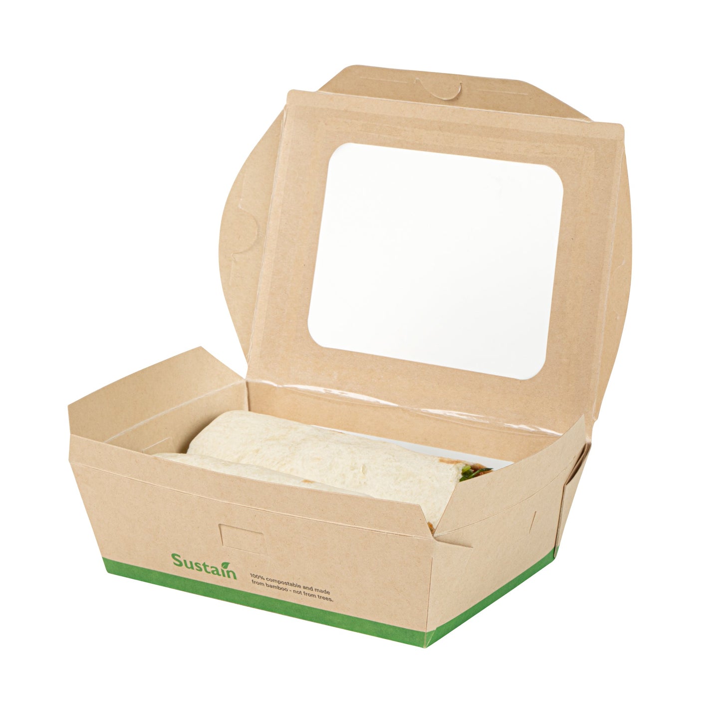 Sustain 28 oz Bamboo Paper Small Bio Take Out Container - with PLA Lining and Windows, Compostable - 6 1/4" x 4 3/4" x 2" - 50 count box