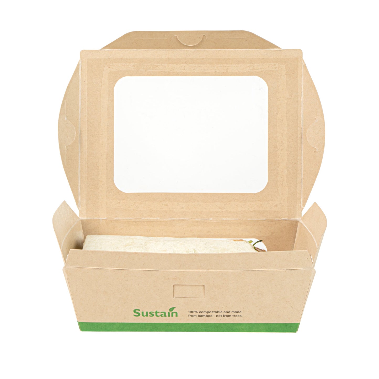 Sustain 28 oz Bamboo Paper Small Bio Take Out Container - with PLA Lining and Windows, Compostable - 6 1/4" x 4 3/4" x 2" - 50 count box