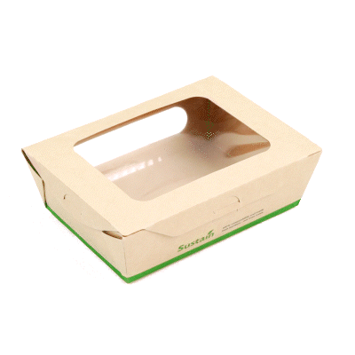 Sustain 28 oz Bamboo Paper Small Bio Take Out Container - with PLA Lining and Windows, Compostable - 6 1/4" x 4 3/4" x 2" - 50 count box
