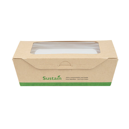 Sustain 28 oz Bamboo Paper Small Bio Take Out Container - with PLA Lining and Windows, Compostable - 6 1/4" x 4 3/4" x 2" - 50 count box