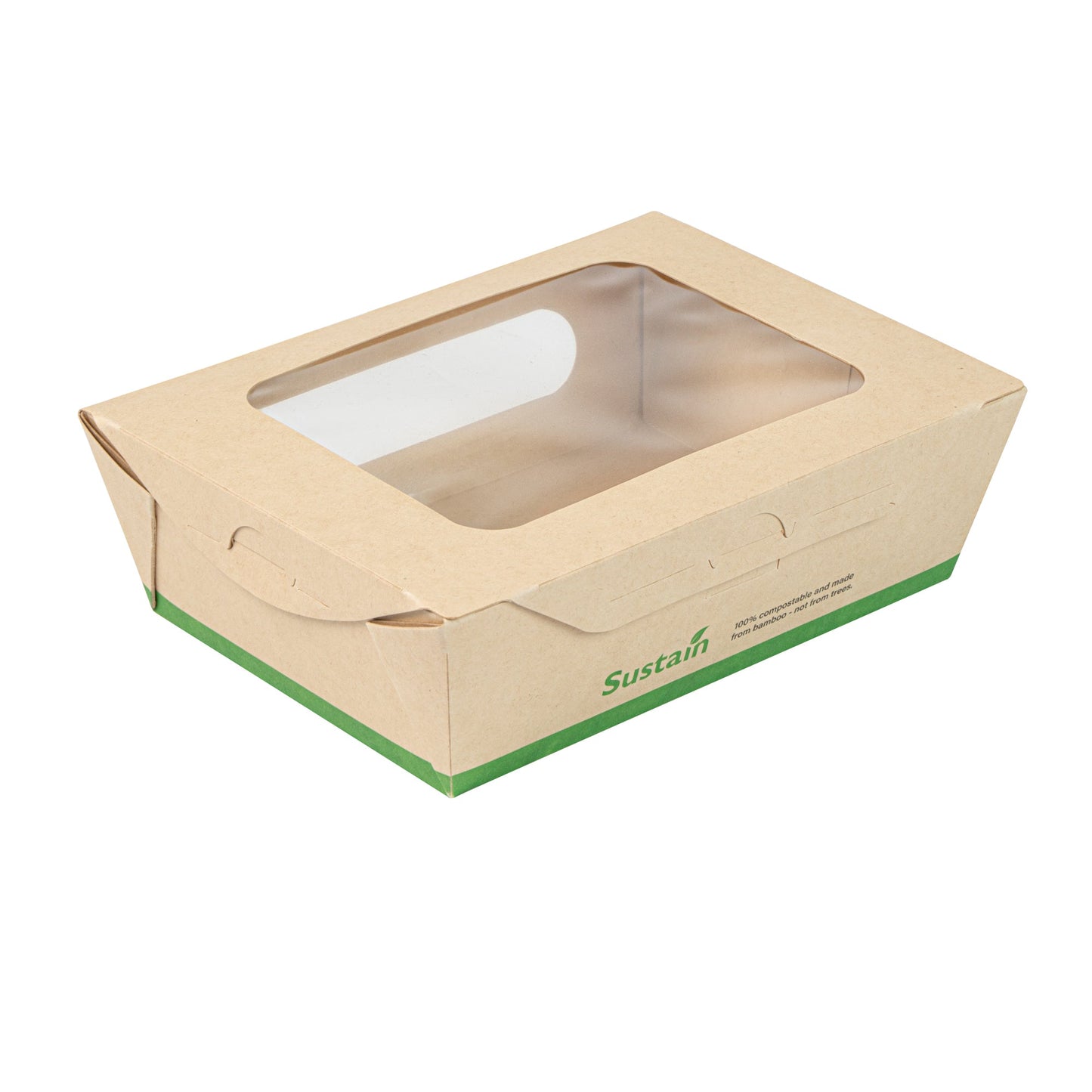 Sustain 28 oz Bamboo Paper Small Bio Take Out Container - with PLA Lining and Windows, Compostable - 6 1/4" x 4 3/4" x 2" - 50 count box