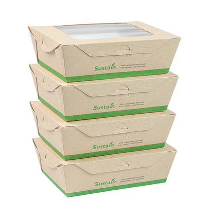 Sustain 28 oz Bamboo Paper Small Bio Take Out Container - with PLA Lining and Windows, Compostable - 6 1/4" x 4 3/4" x 2" - 50 count box