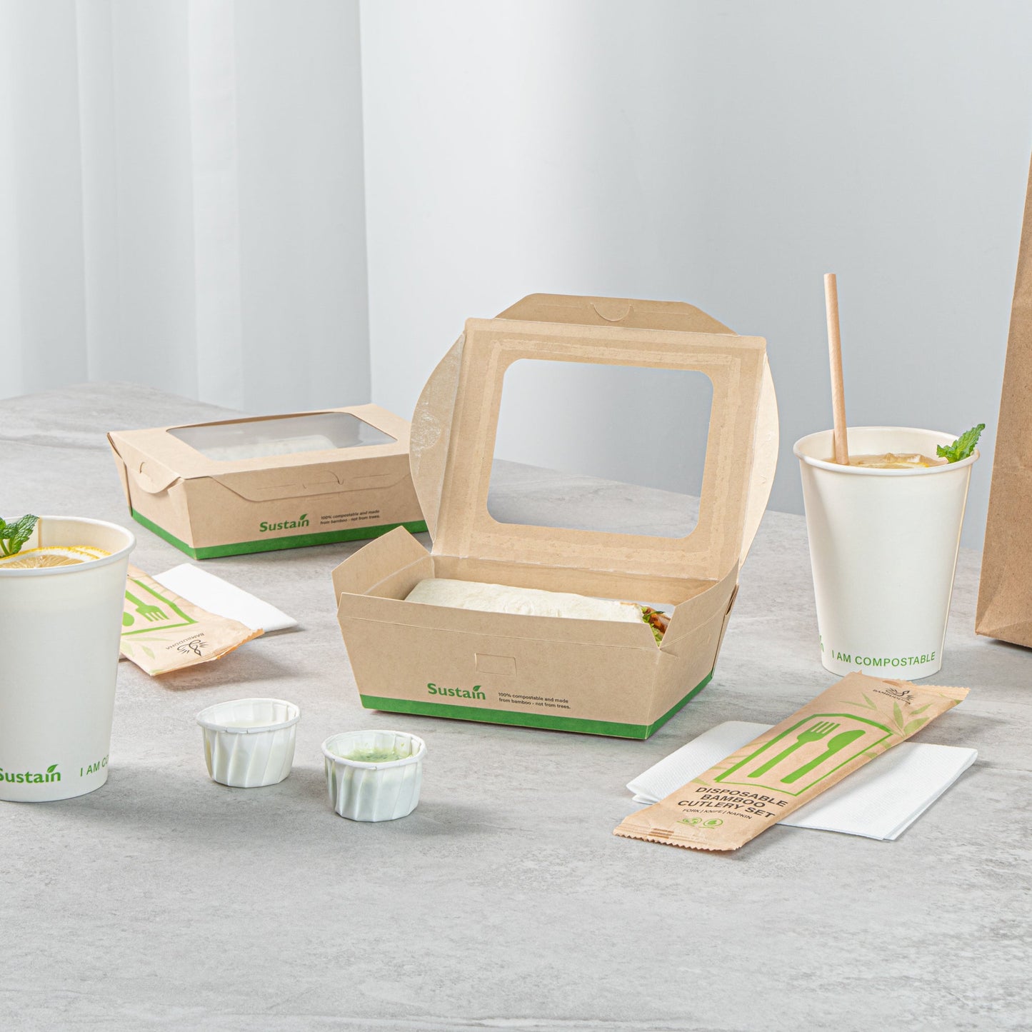 Sustain 28 oz Bamboo Paper Small Bio Take Out Container - with PLA Lining and Windows, Compostable - 6 1/4" x 4 3/4" x 2" - 50 count box