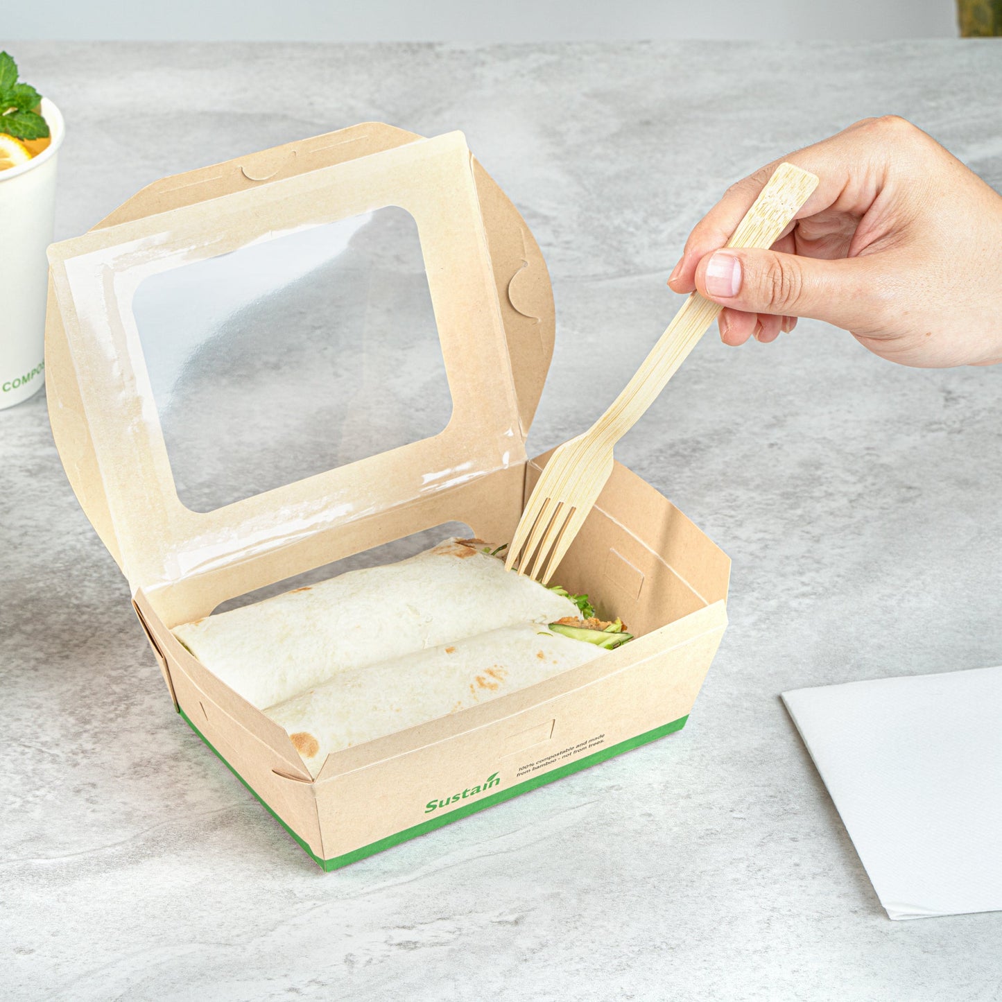 Sustain 28 oz Bamboo Paper Small Bio Take Out Container - with PLA Lining and Windows, Compostable - 6 1/4" x 4 3/4" x 2" - 50 count box