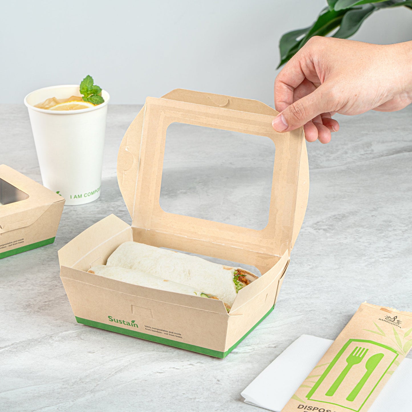 Sustain 28 oz Bamboo Paper Small Bio Take Out Container - with PLA Lining and Windows, Compostable - 6 1/4" x 4 3/4" x 2" - 50 count box