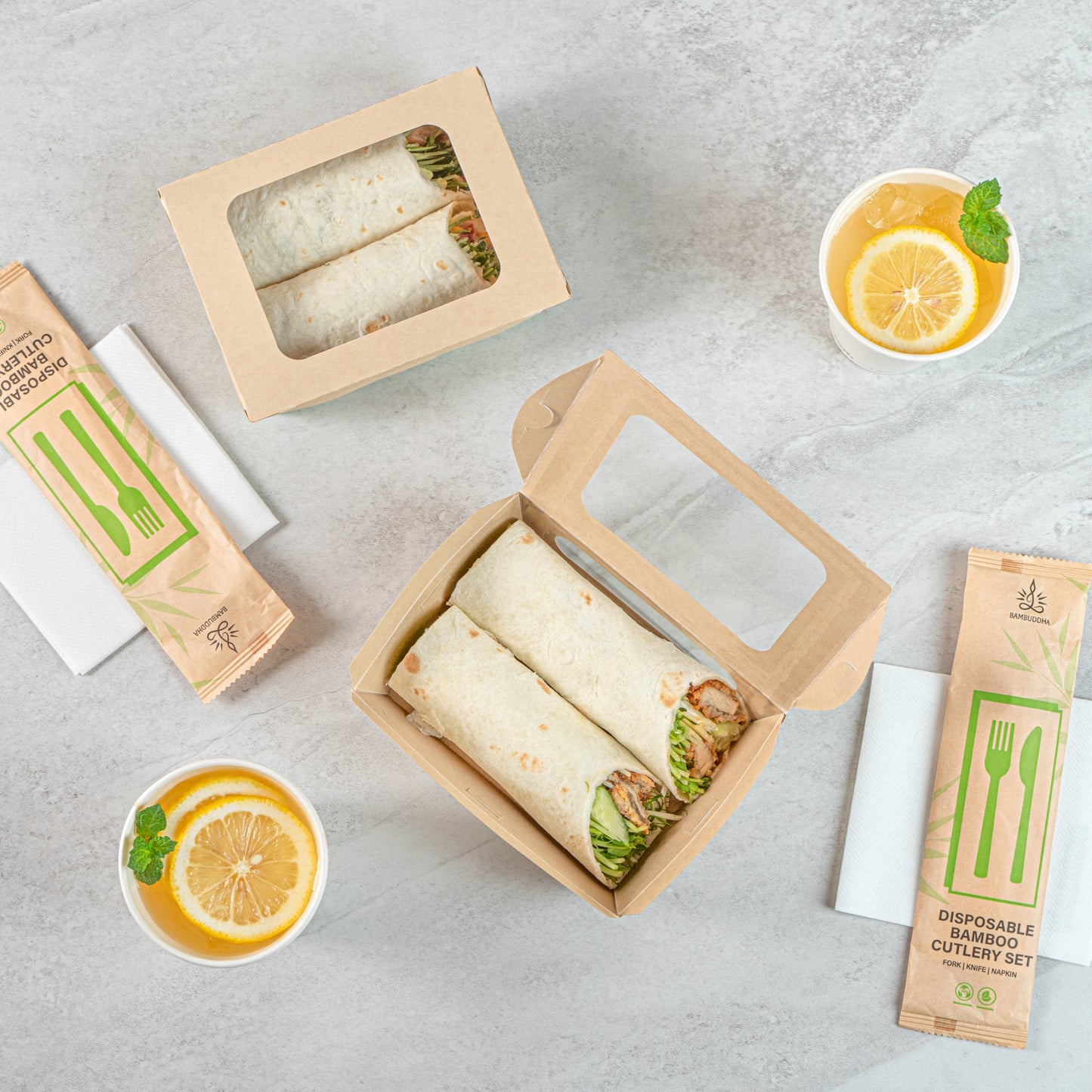 Sustain 28 oz Bamboo Paper Small Bio Take Out Container - with PLA Lining and Windows, Compostable - 6 1/4" x 4 3/4" x 2" - 50 count box