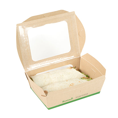 Sustain 28 oz Bamboo Paper Small Bio Take Out Container - with PLA Lining and Windows, Compostable - 6 1/4" x 4 3/4" x 2" - 200 count box