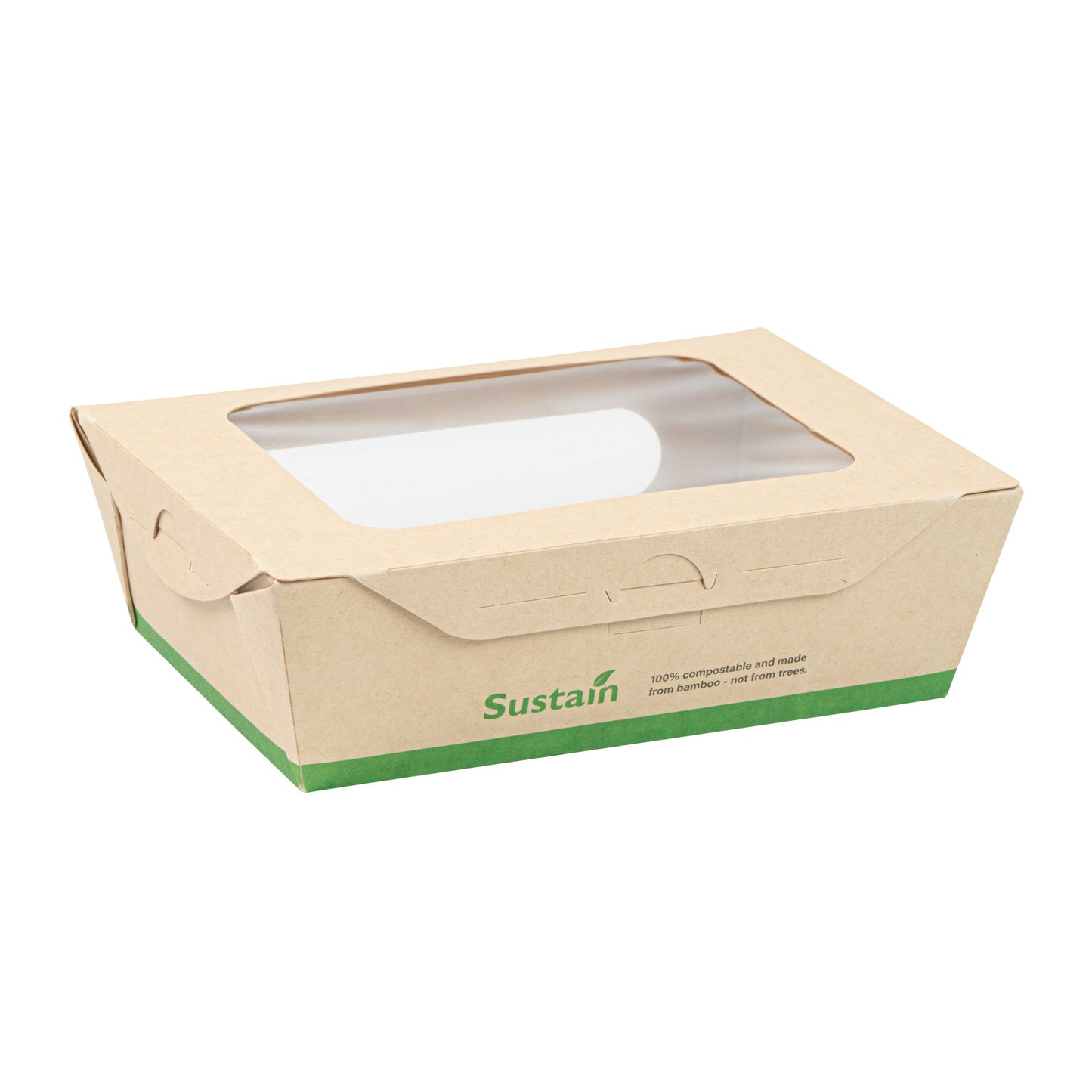 Sustain 28 oz Bamboo Paper Small Bio Take Out Container - with PLA Lining and Windows, Compostable - 6 1/4" x 4 3/4" x 2" - 200 count box